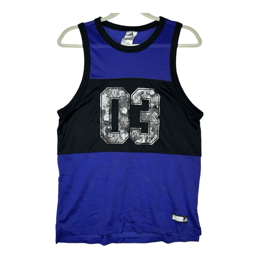 Adidas Originals Mesh‎ Jersey Tank Top S Blue Black Floral Graphic 03 Sporty